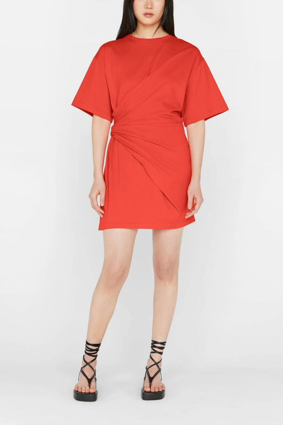 Draped Knit Mini Dress in Red Orange - Image 2