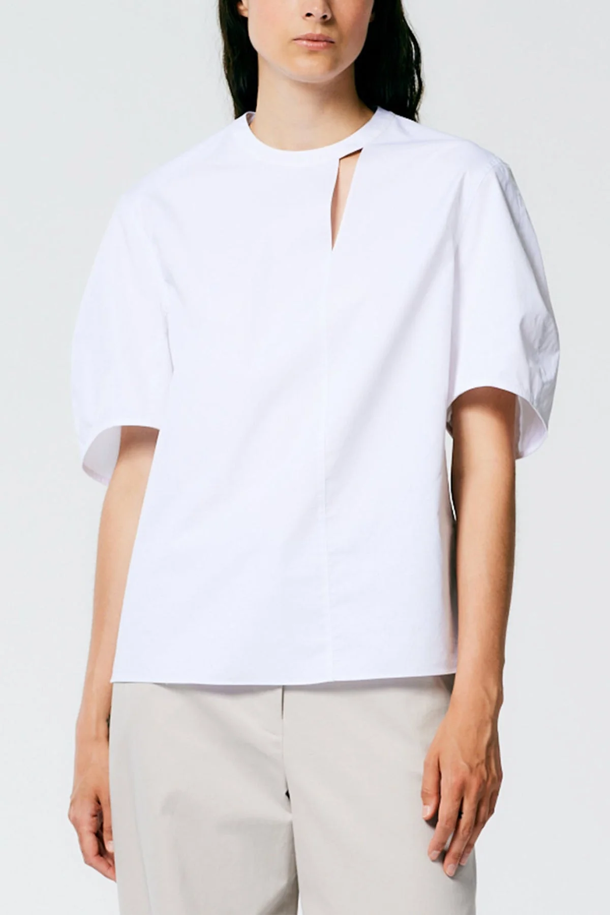 Eco Poplin Sculpted Sleeve Top With Cut Out Detail in White