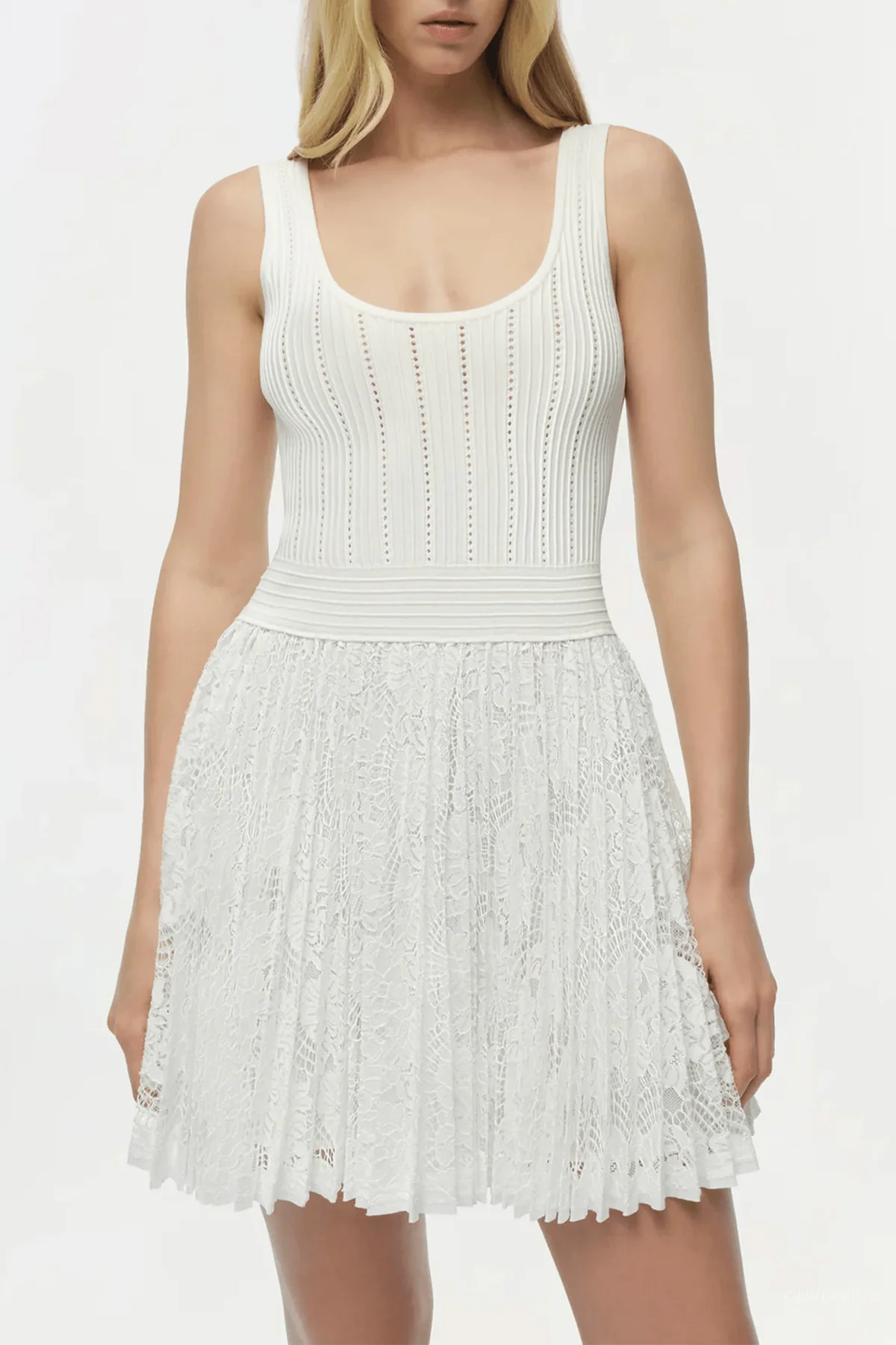 Ellis Knit Lace Mini Dress in Ivory - Image 2