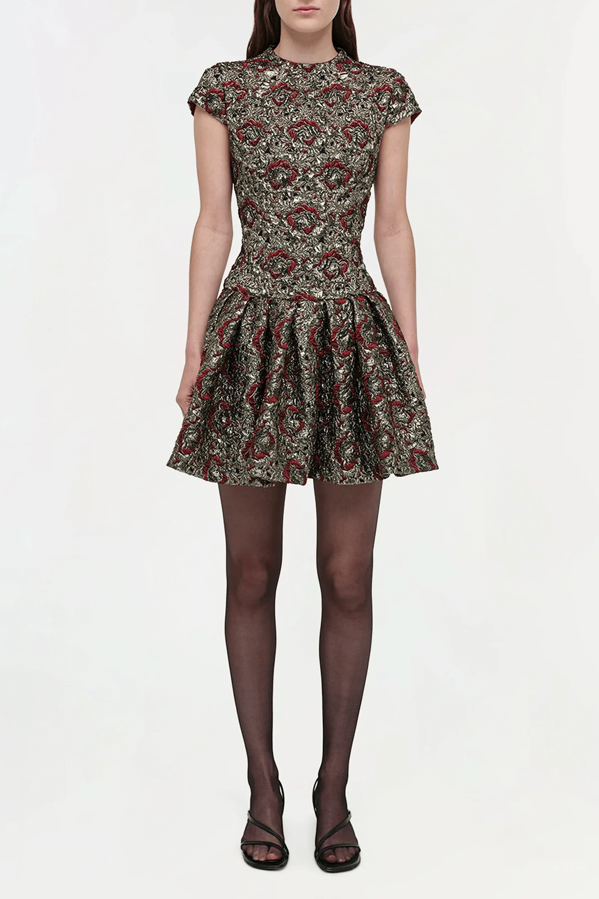 Elowen Gilded Jacquard Mini Dress in Ruby Multi - Image 2