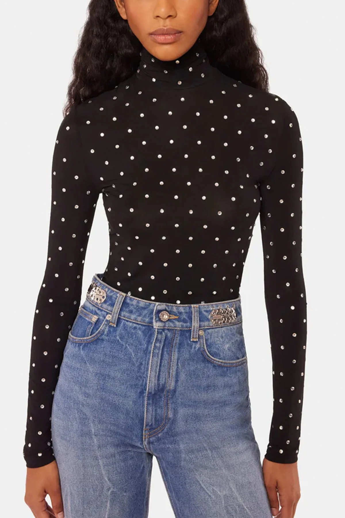 Embellished Jersey Long Sleeve Turtleneck in Black - Image 2