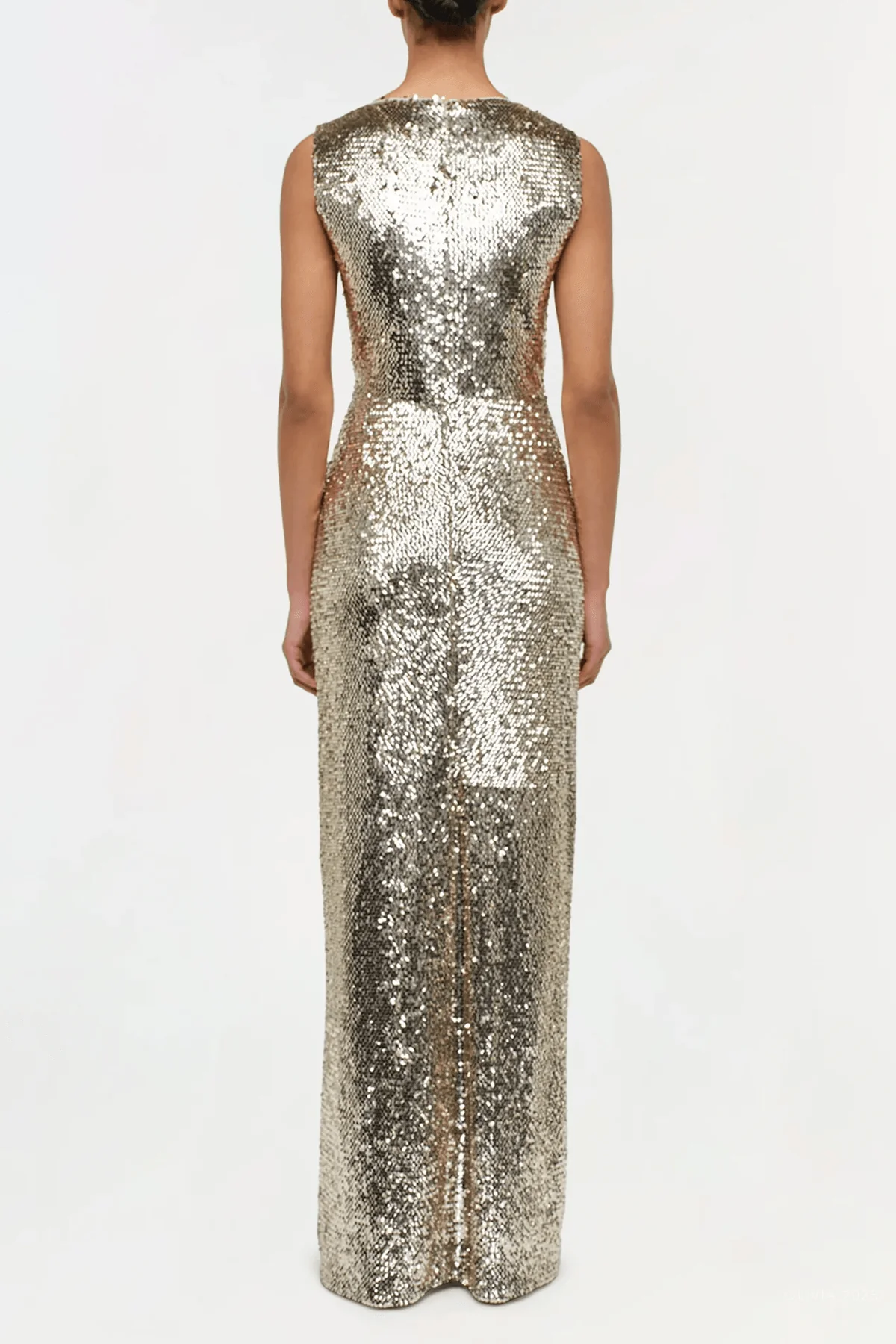 Felicity Draped Sequin Gown in Gold Multi - Image 3