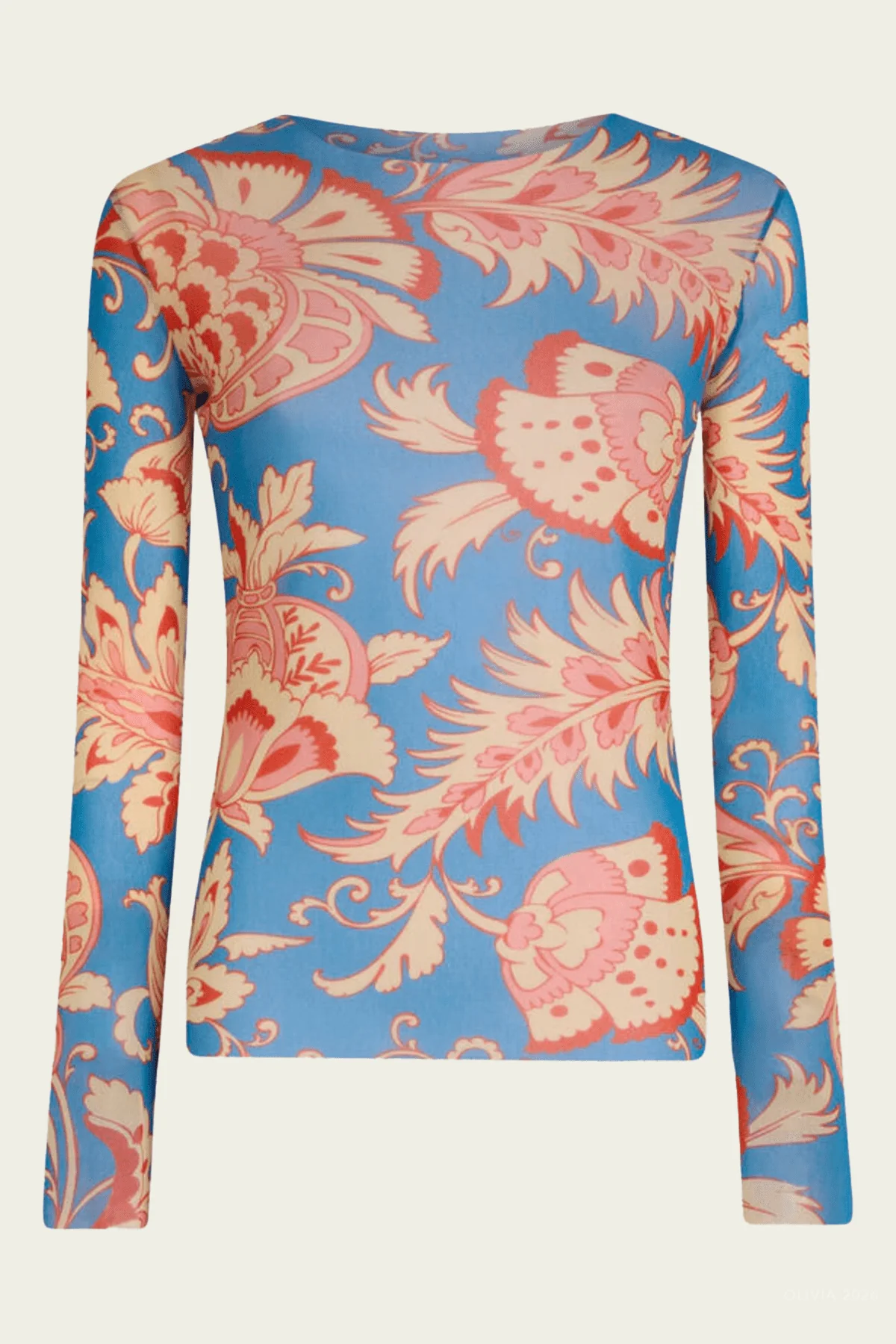 Floral Motif Stretch Tulle Top in Light Blue