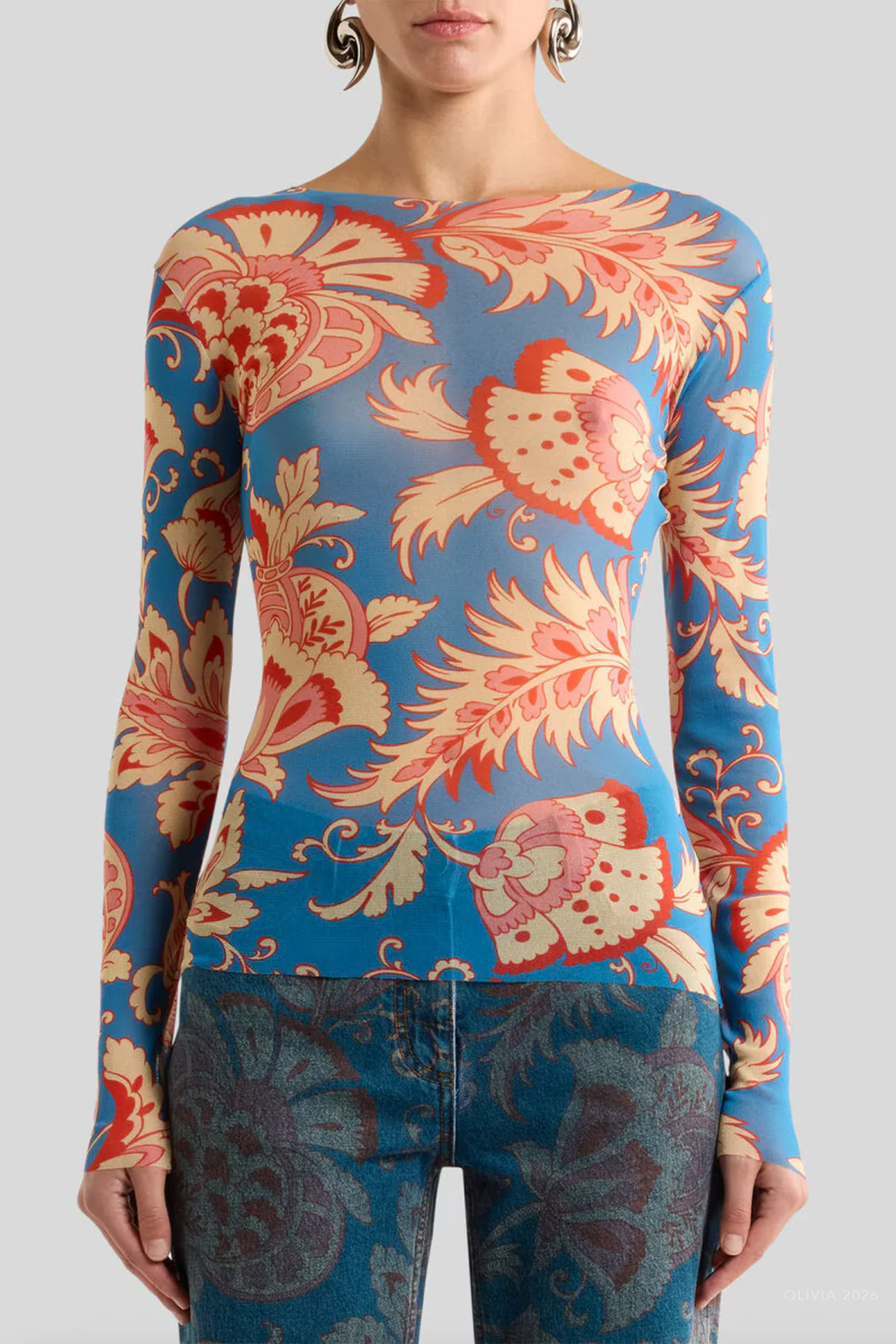 Floral Motif Stretch Tulle Top in Light Blue - Image 2