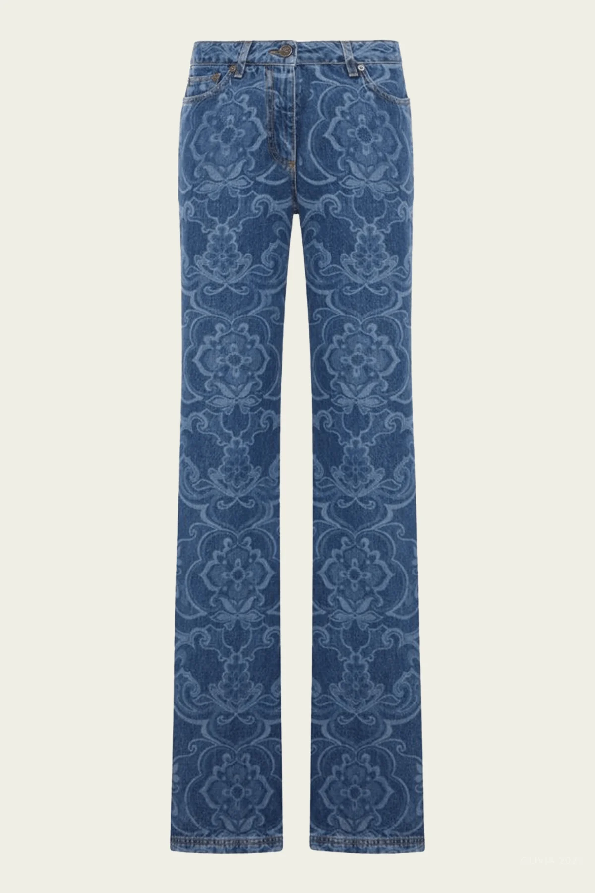 Floral-Print Denim Jeans in Blue