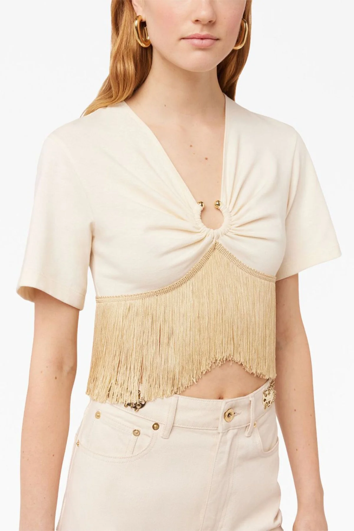 Fringed-Trimmed Cropped T-Shirt in Nude - Image 2