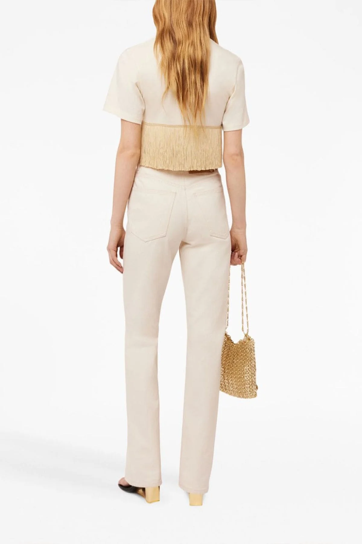 Fringed-Trimmed Cropped T-Shirt in Nude - Image 3