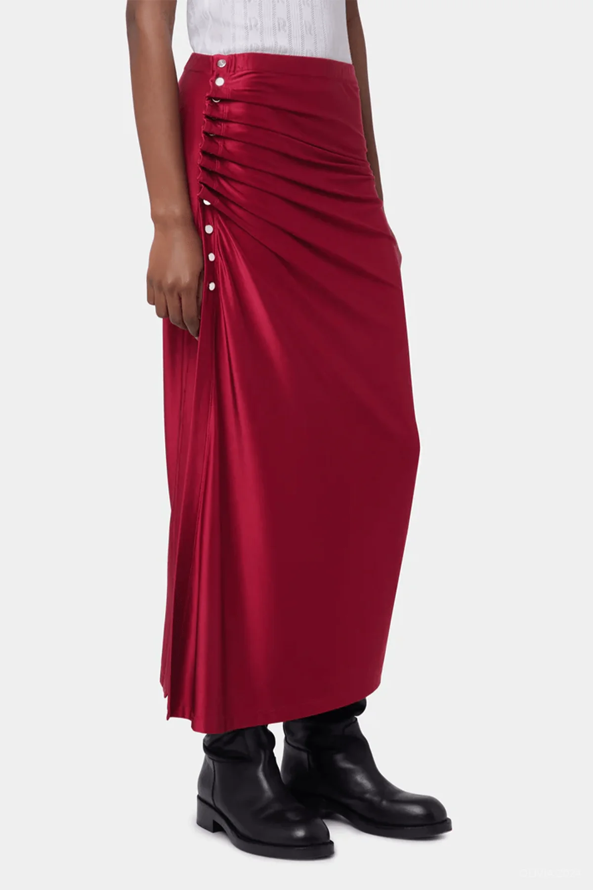 Gathered Jersey Midi Skirt in Scarlet Red - Image 2