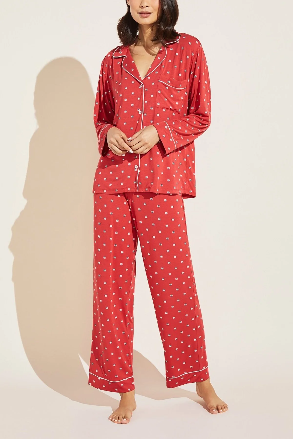Gisele Printed Long PJ Set in Presents Haute Red/Bone - Image 2