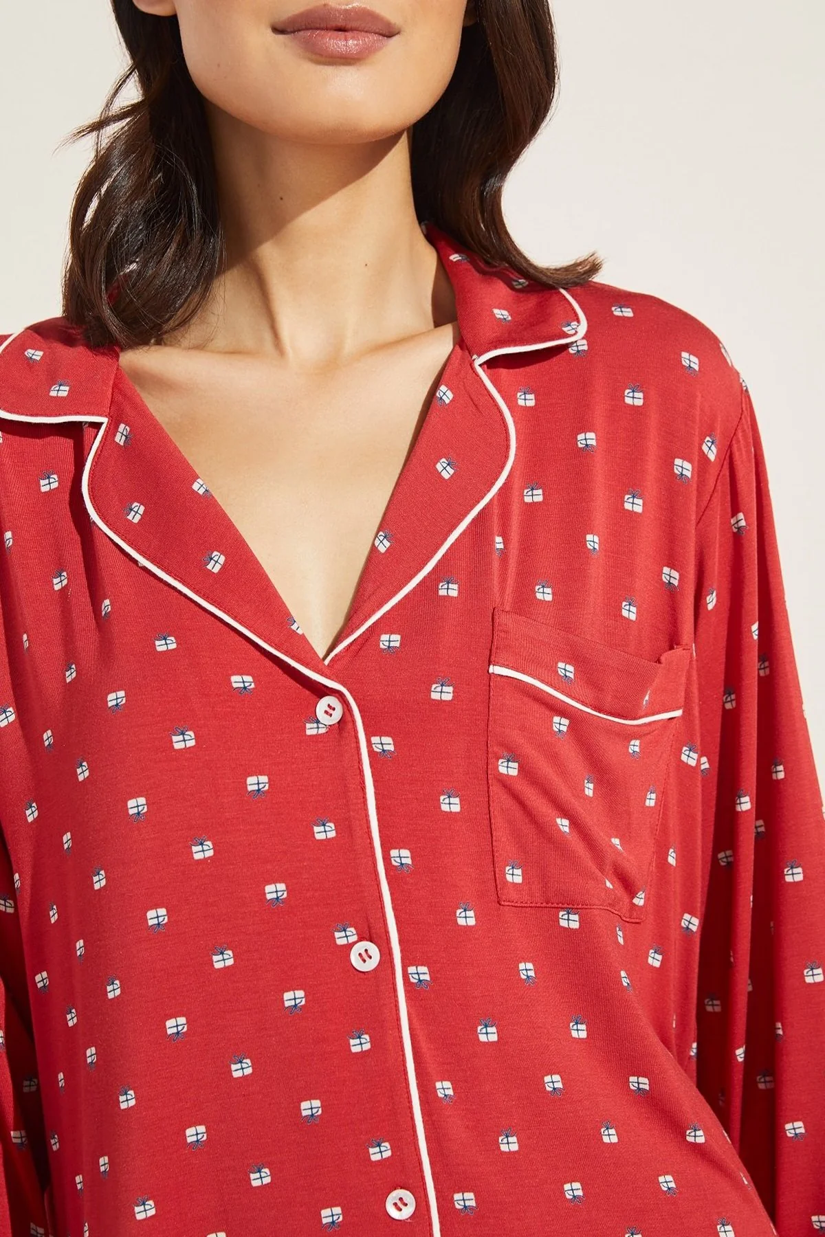 Gisele Printed Long PJ Set in Presents Haute Red/Bone - Image 3