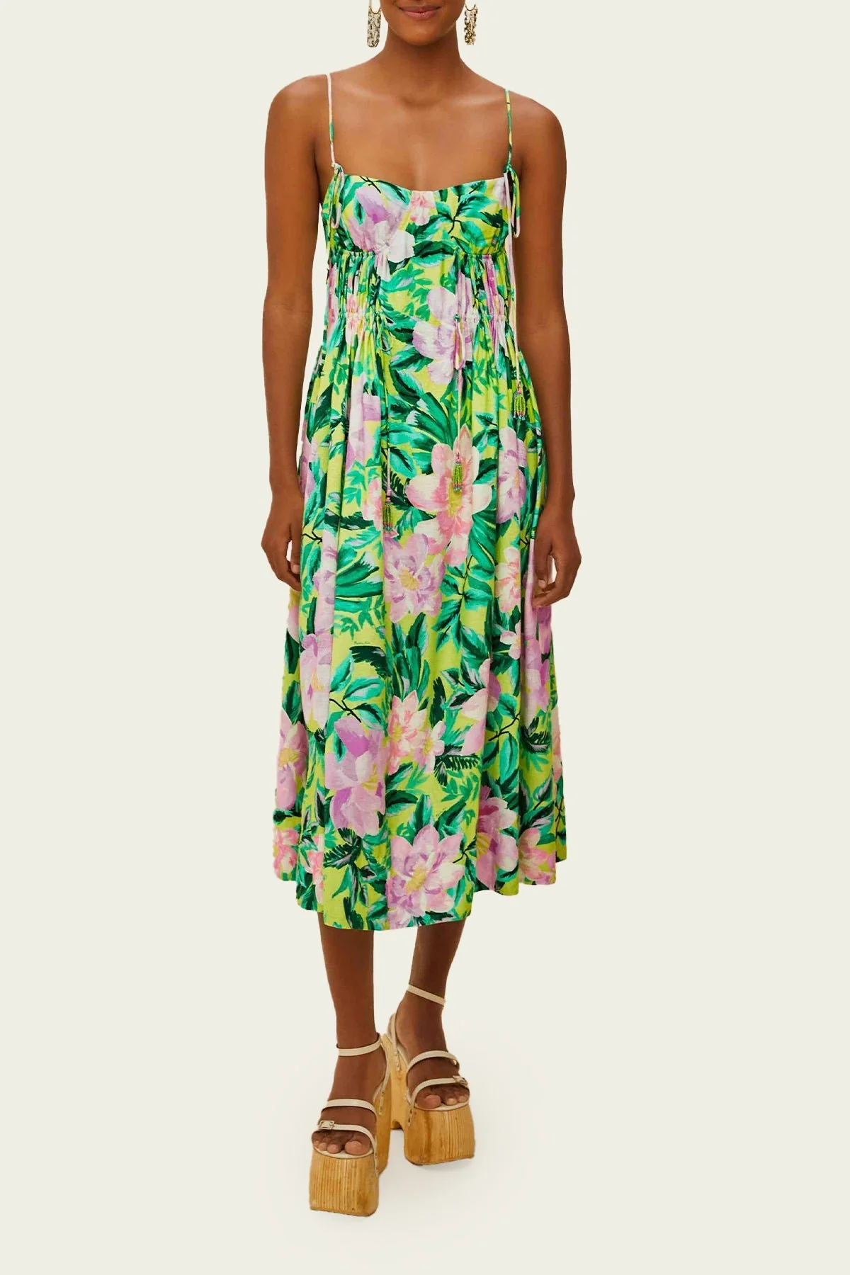Green Painted Flowers Midi Dress