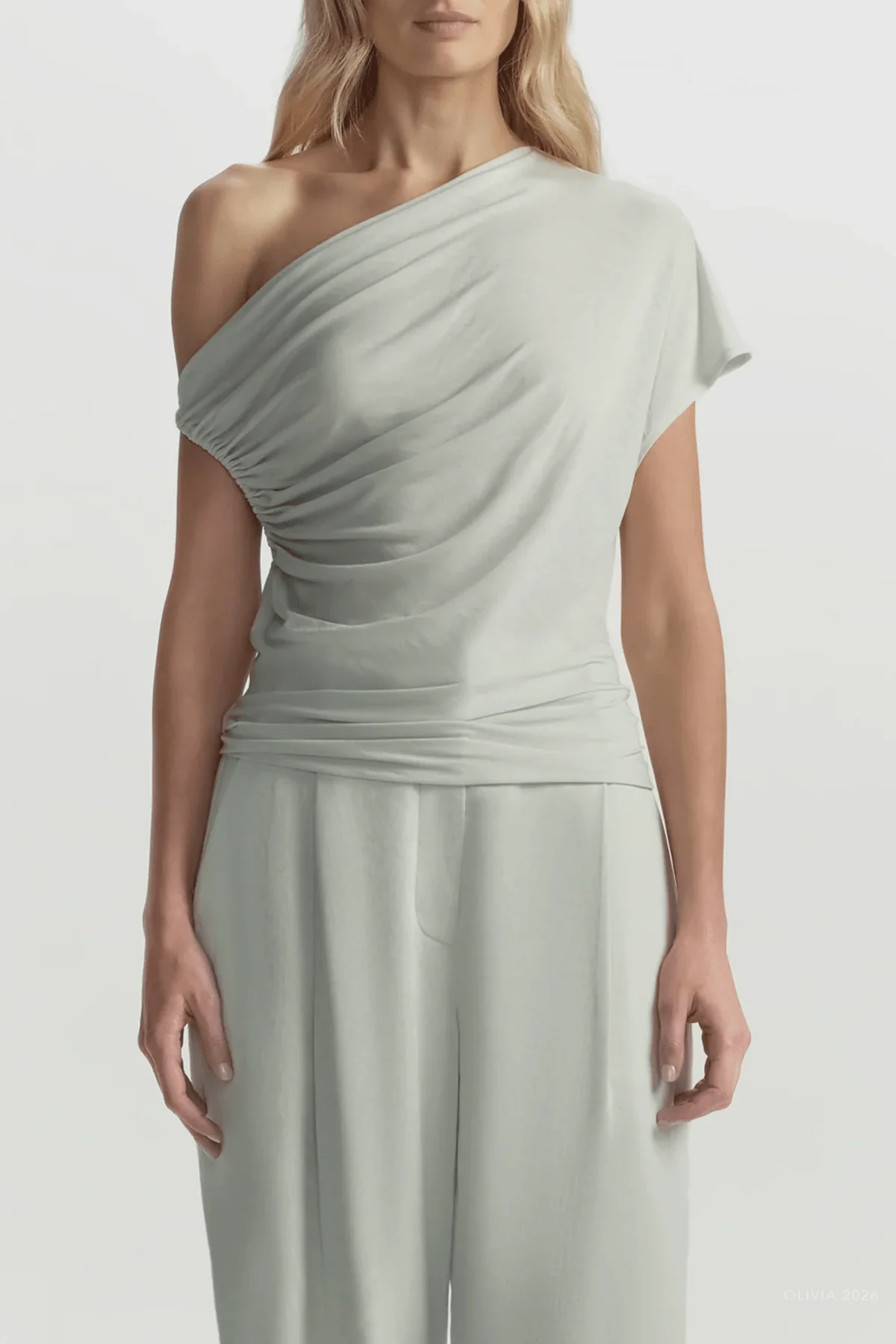 Halle One Shoulder Tee in Pale Mint - Image 2