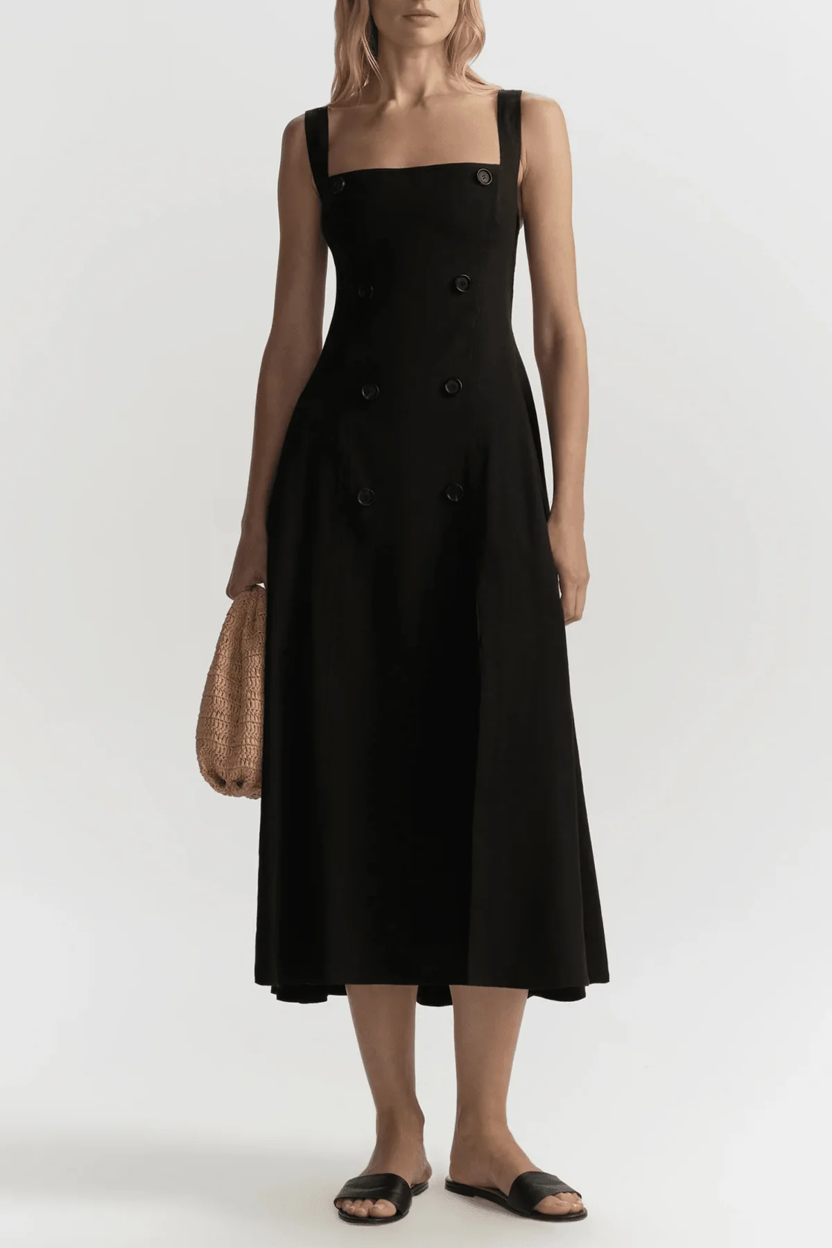 Hayes Button Front Linen Midi Dress in Black - Image 3