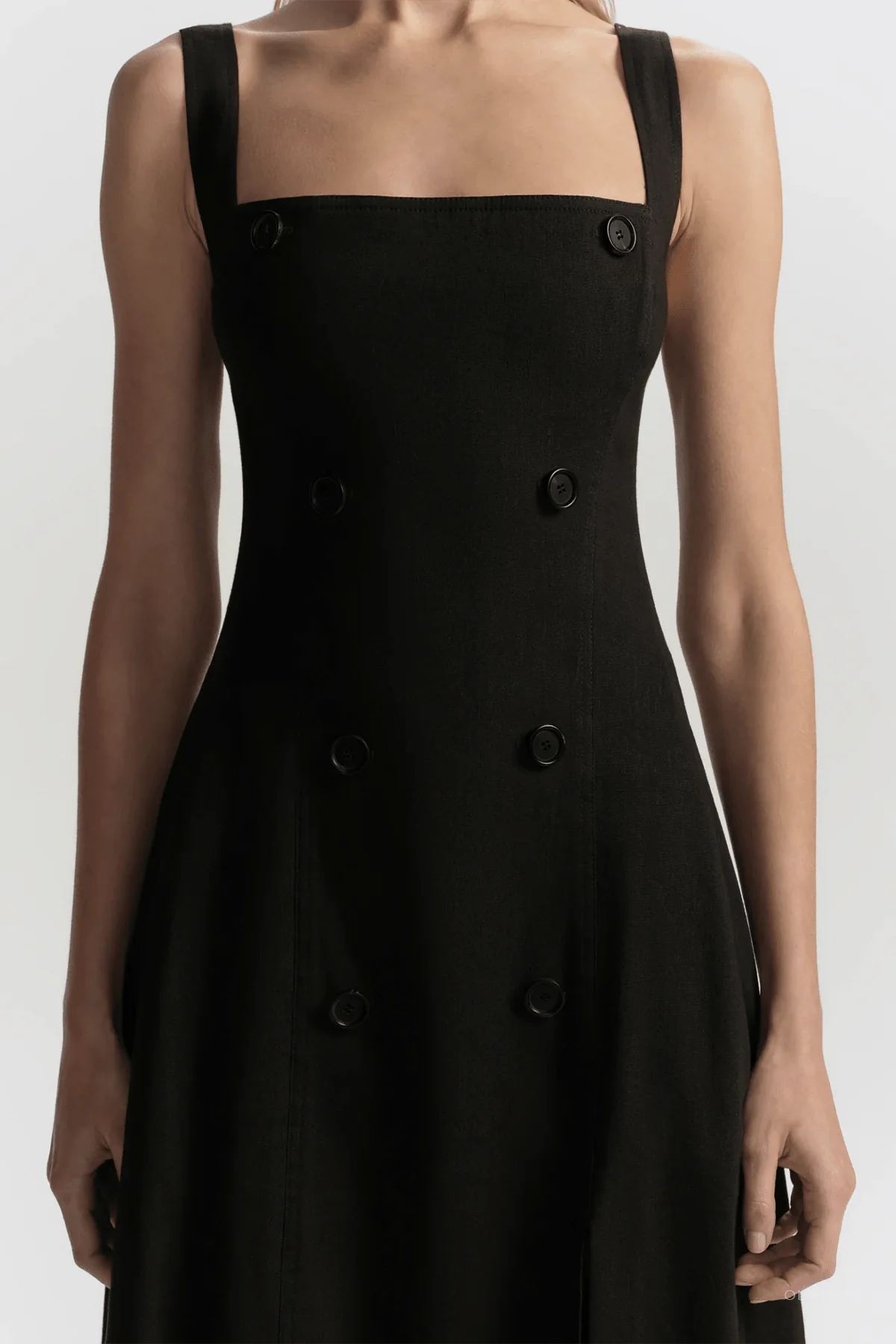 Hayes Button Front Linen Midi Dress in Black - Image 4