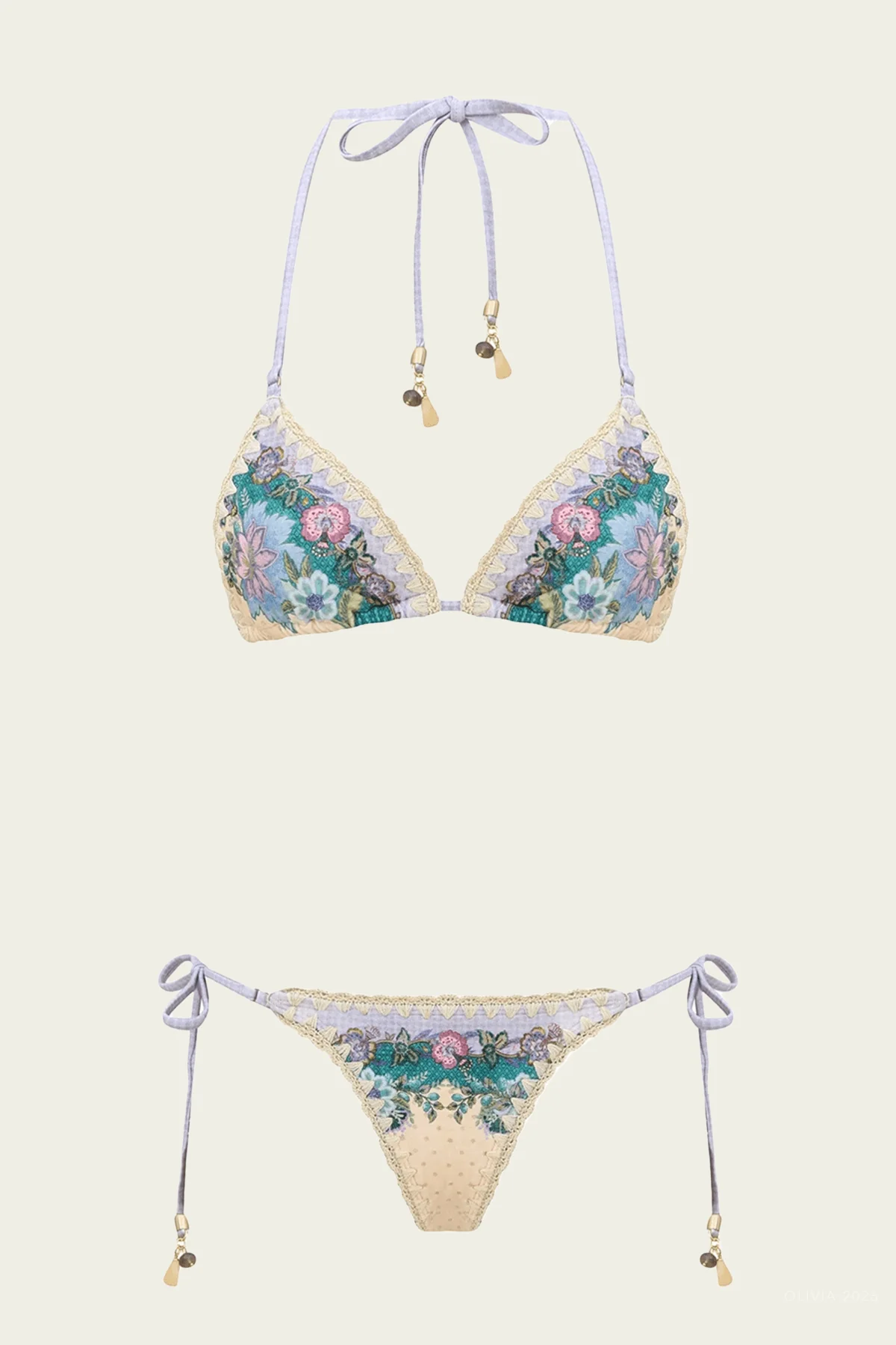 Indra Crochet Detail Bikini Set in Cream Scarf Floral