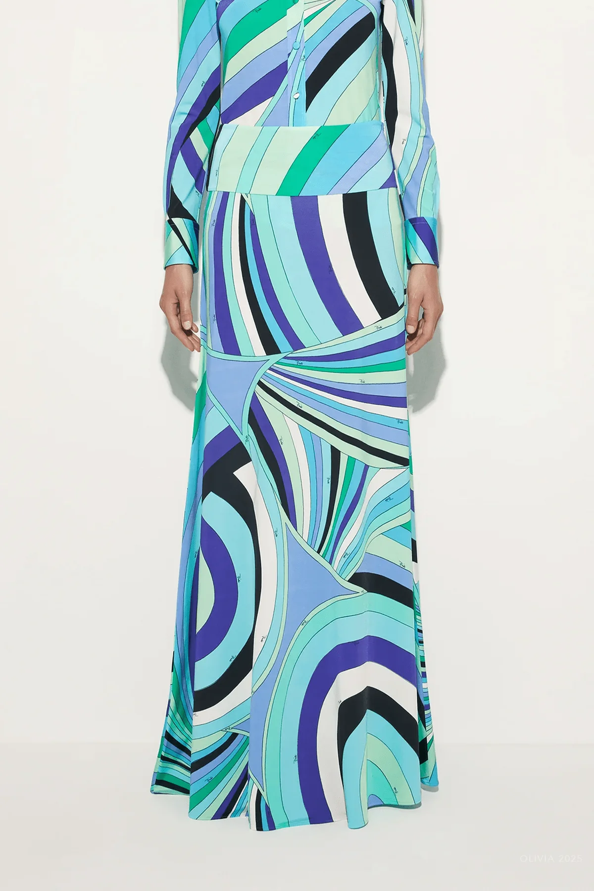 Iride-Print Long Jersey Skirt in Verde Lilla - Image 2