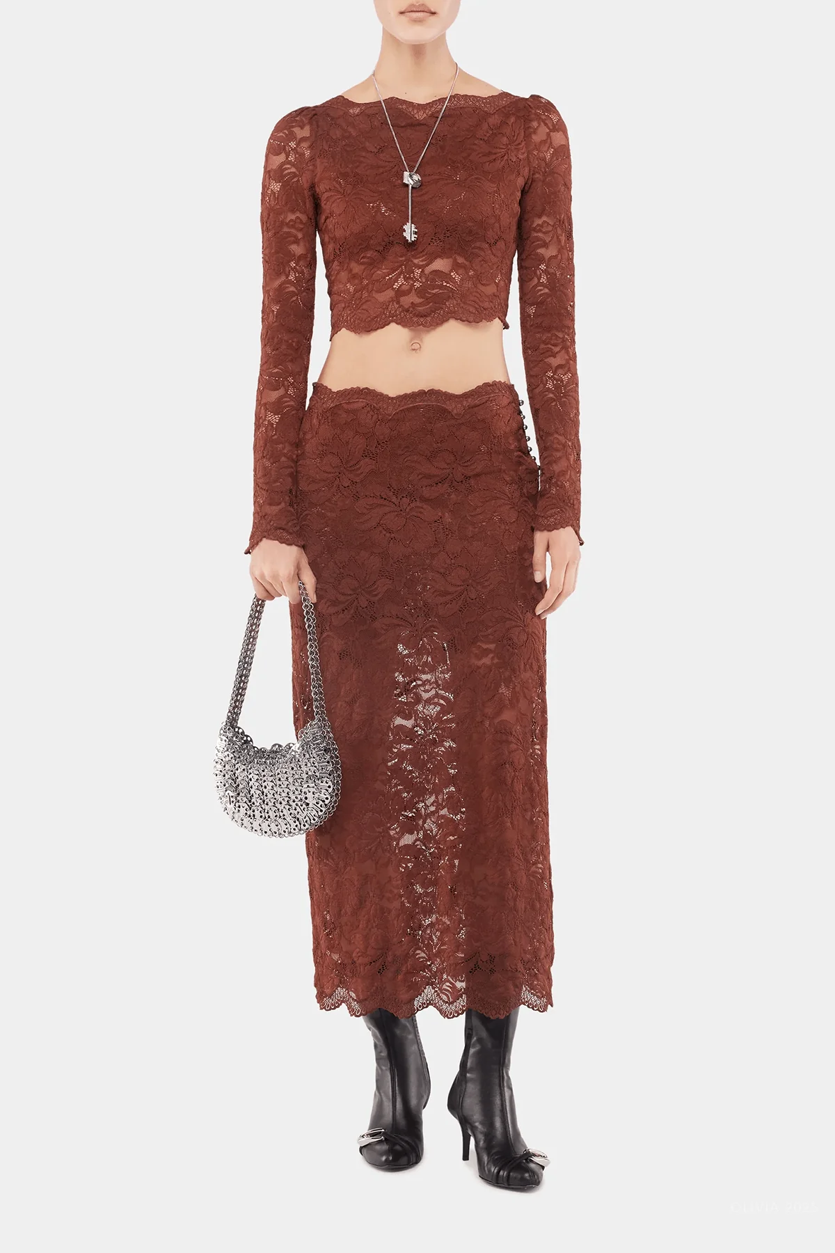 Lace Midi Skirt in Cinnamon Brown - Image 2