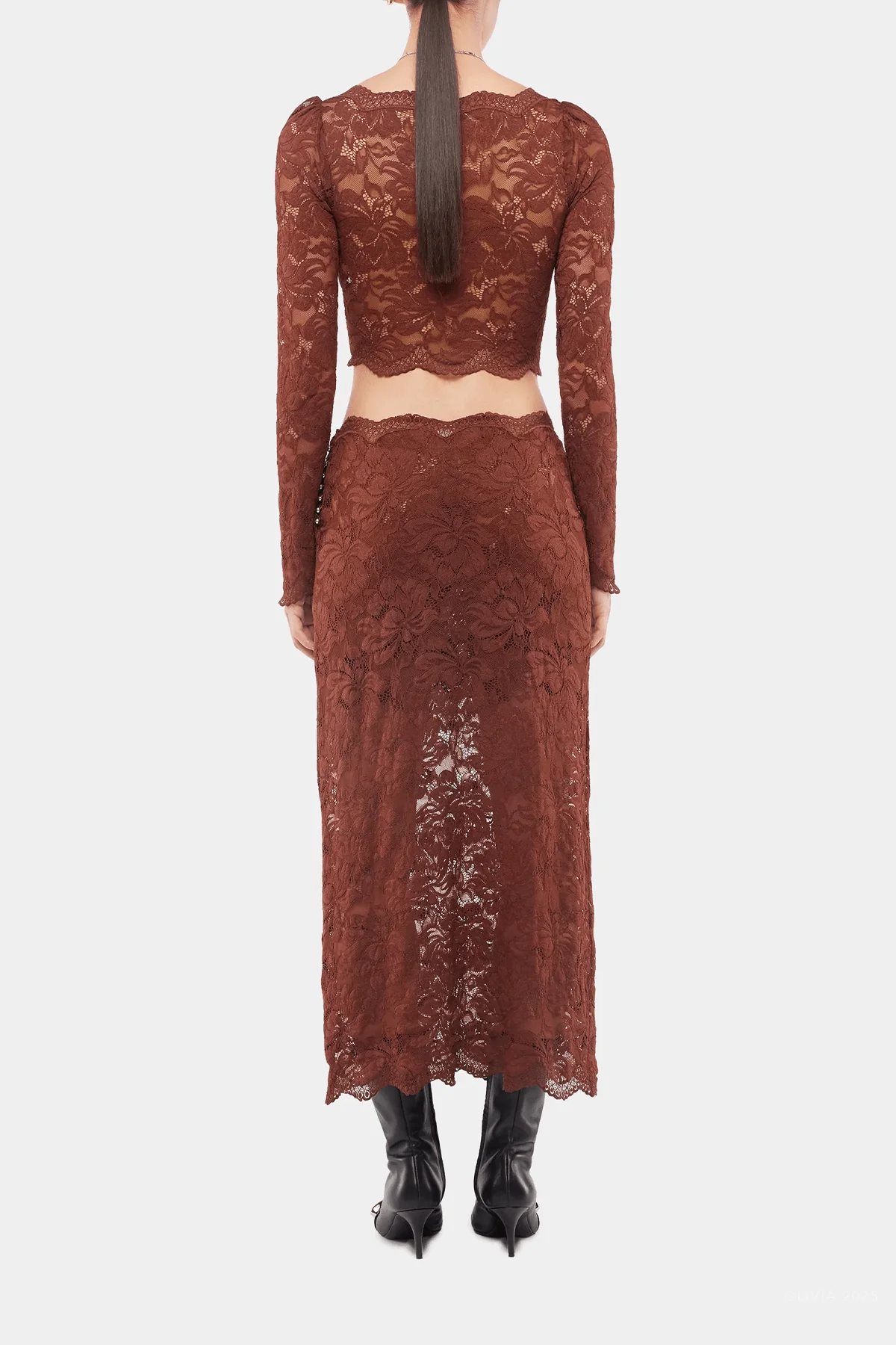 Lace Midi Skirt in Cinnamon Brown - Image 3