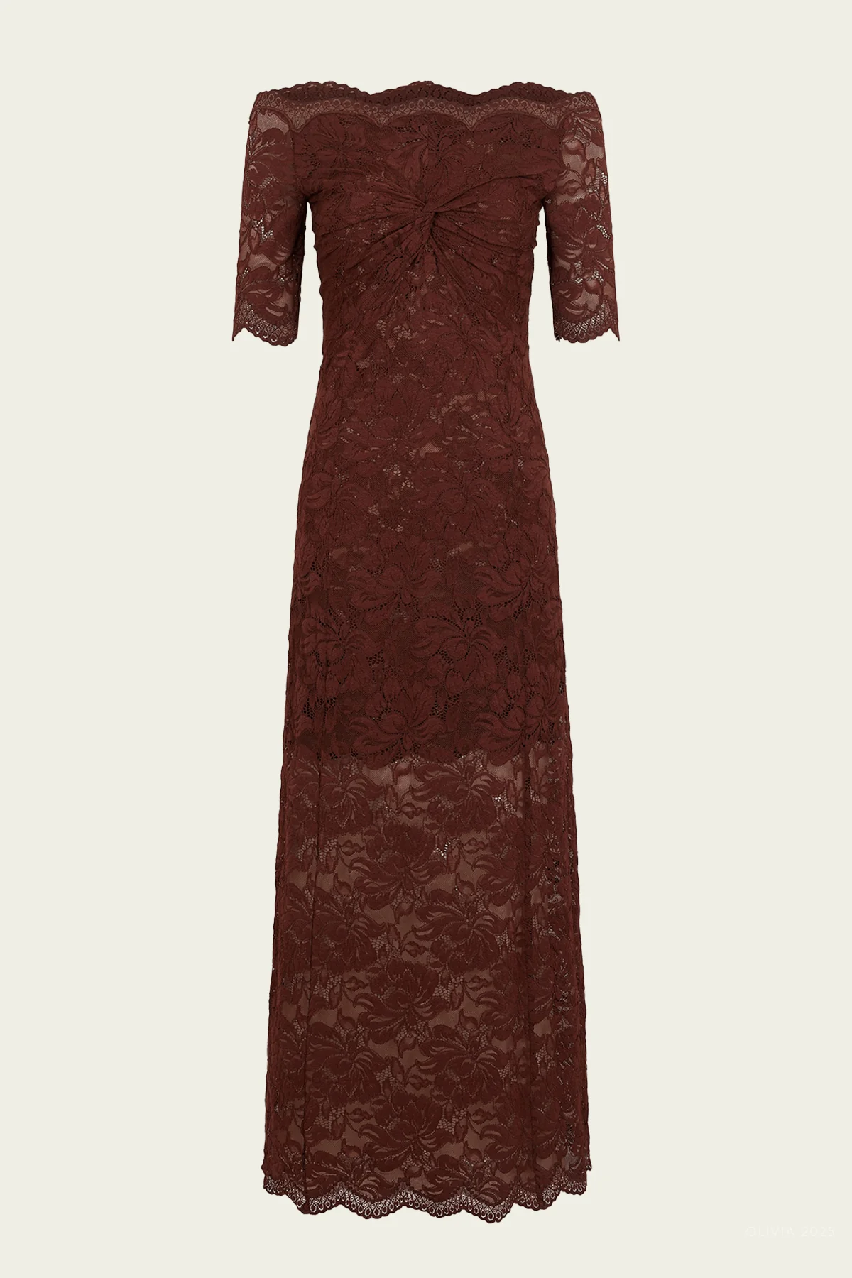 Lace Off-Shoulder Midi Dress in Cinnamon Brown