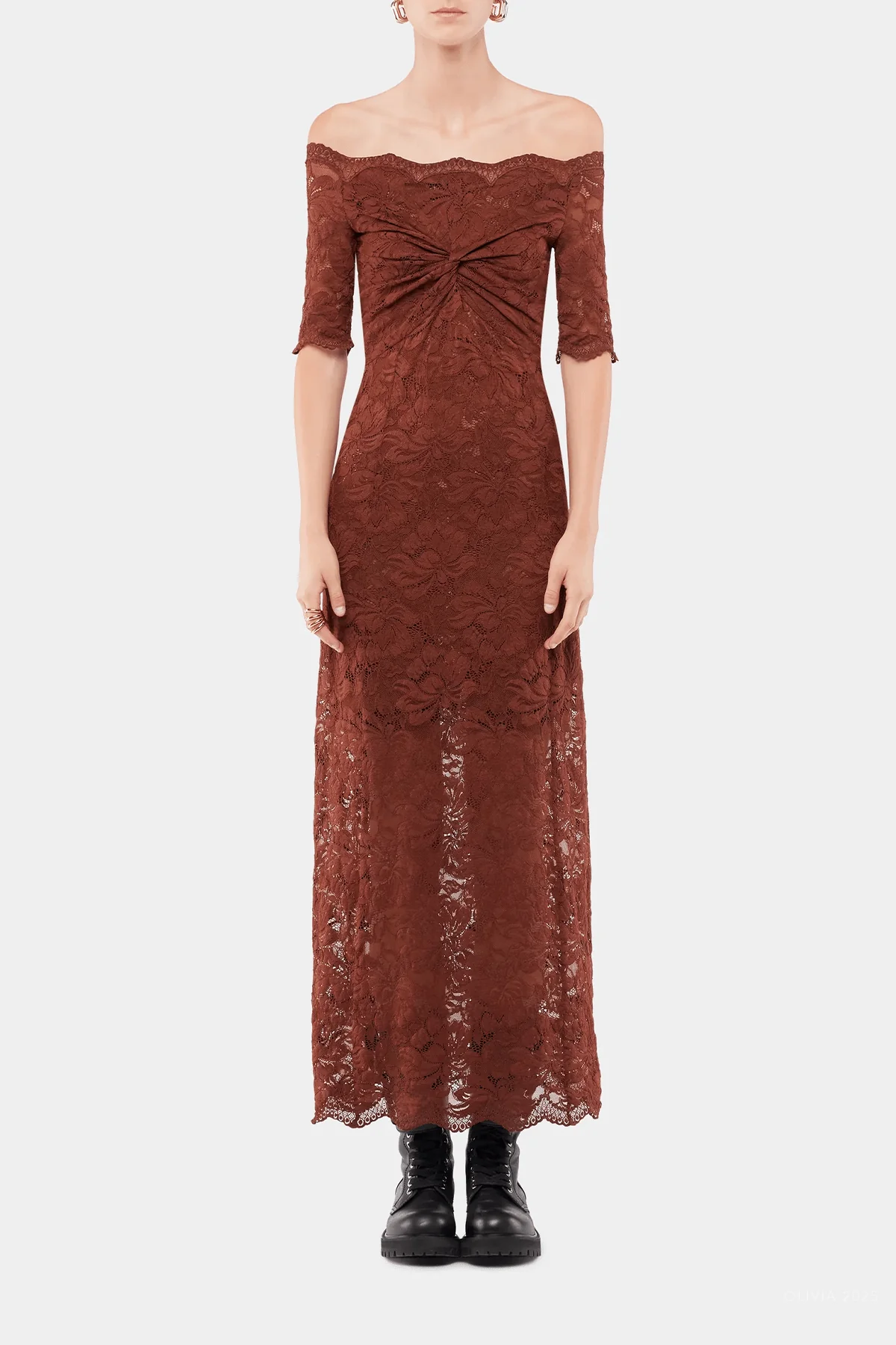 Lace Off-Shoulder Midi Dress in Cinnamon Brown - Image 2