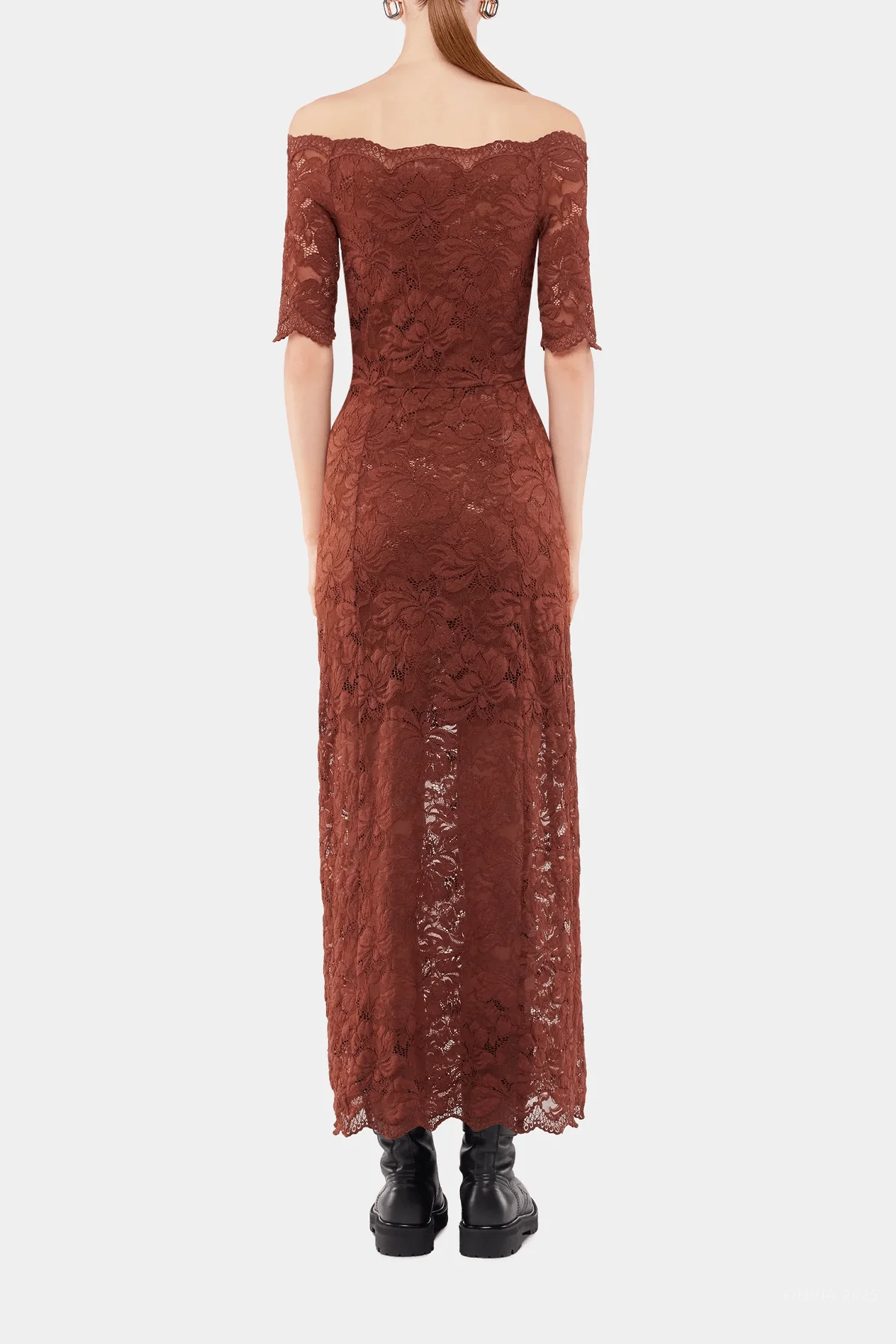 Lace Off-Shoulder Midi Dress in Cinnamon Brown - Image 3