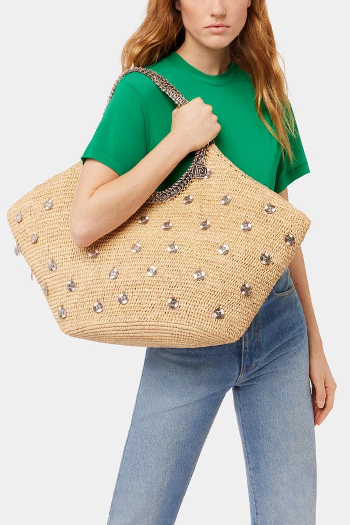 Large Embellished Raffia Tote Bag in Natural - Image 2