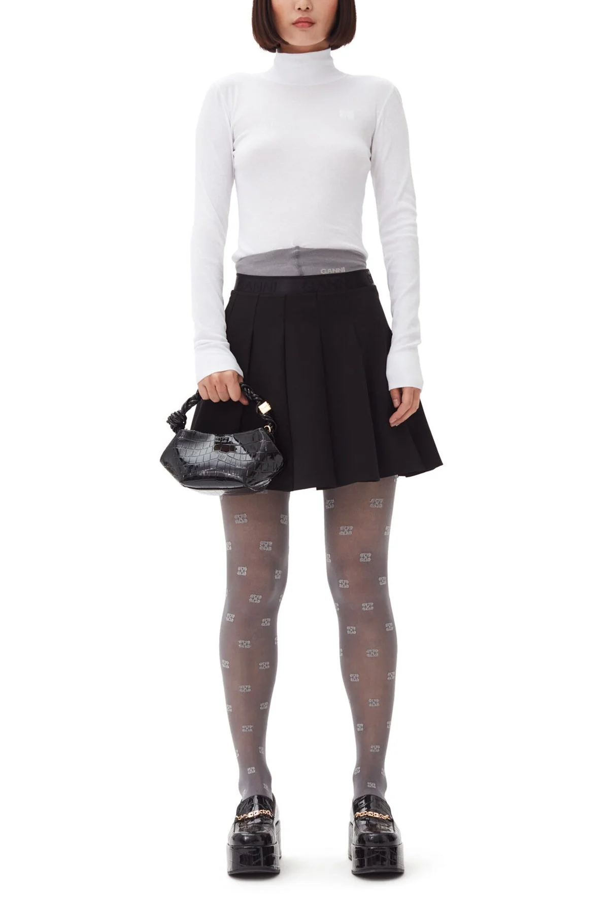 Light Twill Pleated Mini Skirt in Black - Image 2
