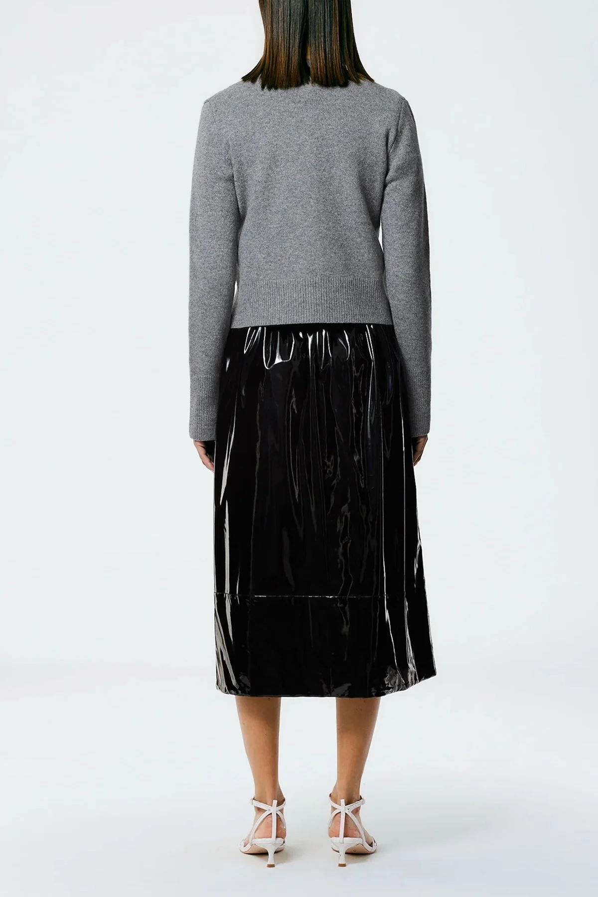 Light Weight Stretch Patent Smocking Waistband Full Skirt in Black - Image 2