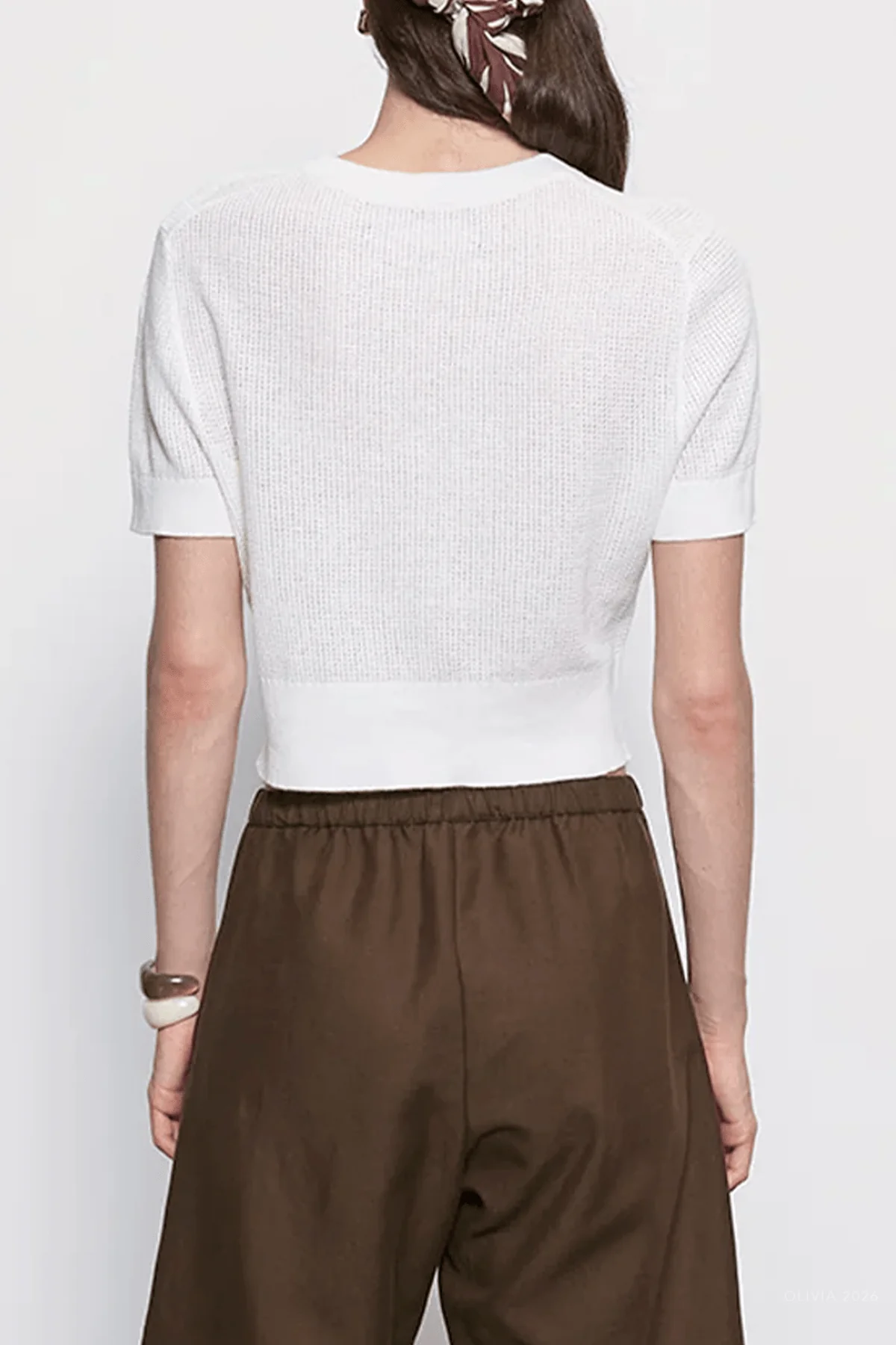 Linen Open Knit Cropped Top in Off-White - Image 3