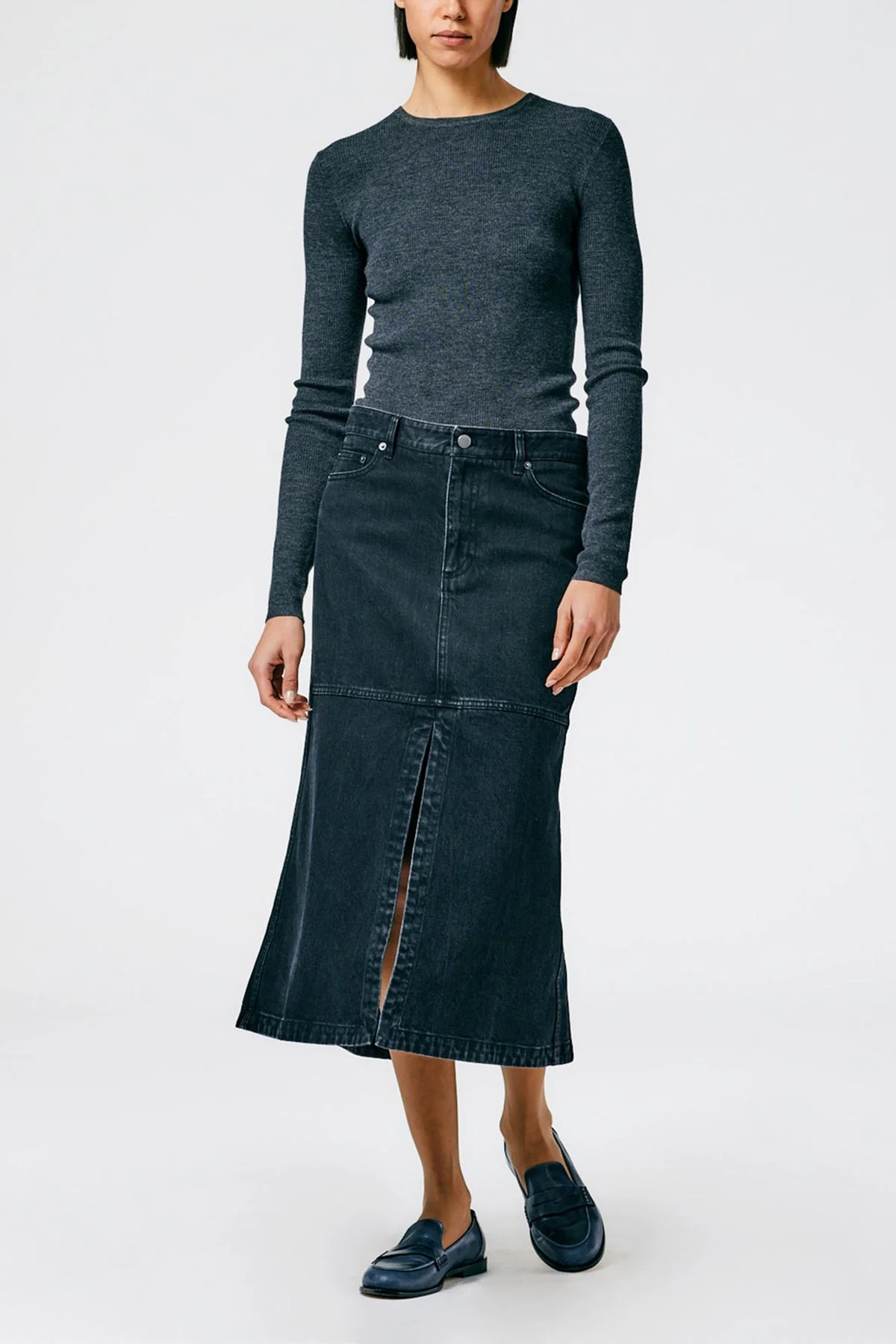 Long Denim Skirt in Black - Image 2