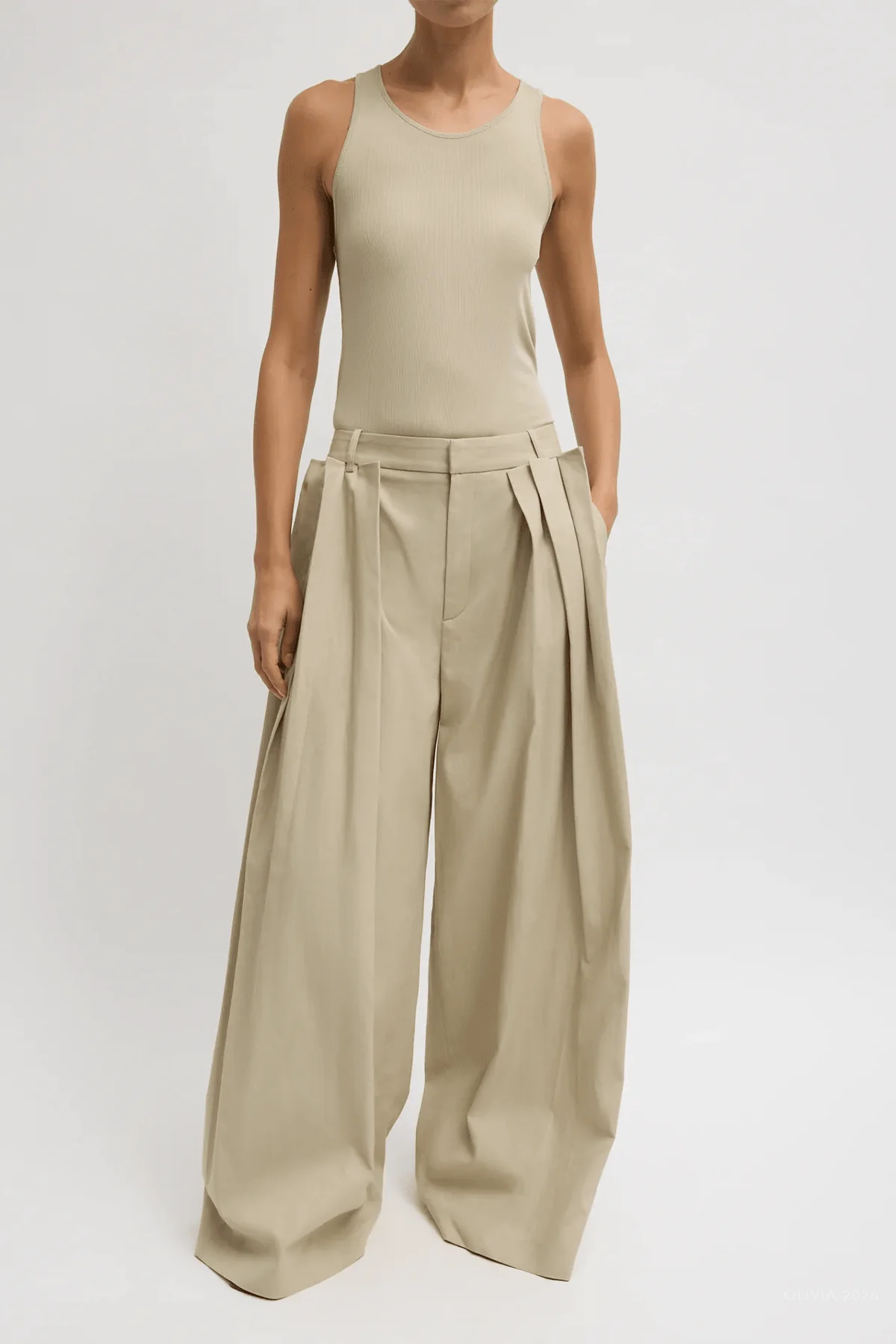 Luxe Spring Twill Tucked Pleated Wide Leg Trouser in Taupe - Image 2