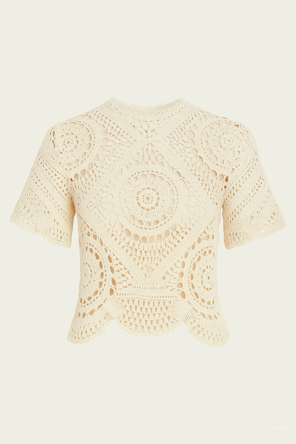 Maddalena Short Sleeve Hand Crochet Top in Cowrie