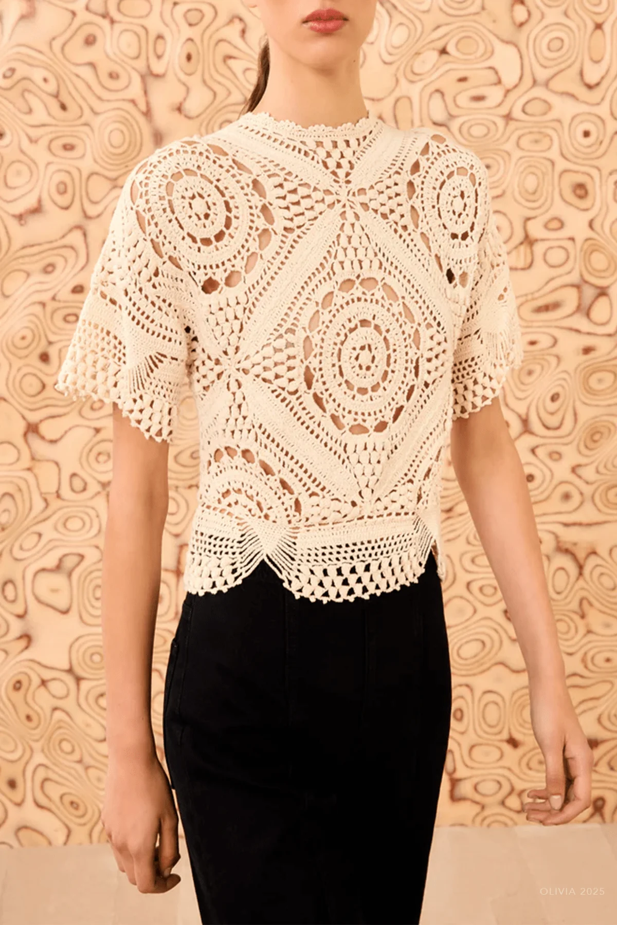 Maddalena Short Sleeve Hand Crochet Top in Cowrie - Image 2
