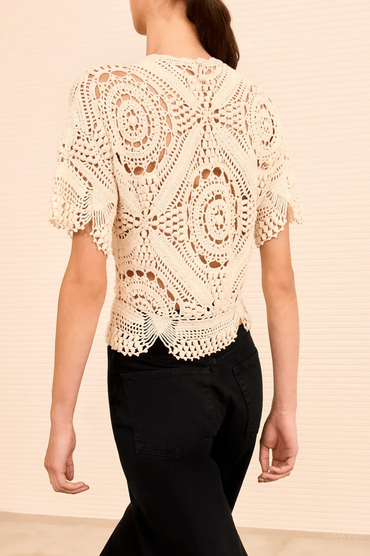 Maddalena Short Sleeve Hand Crochet Top in Cowrie - Image 3