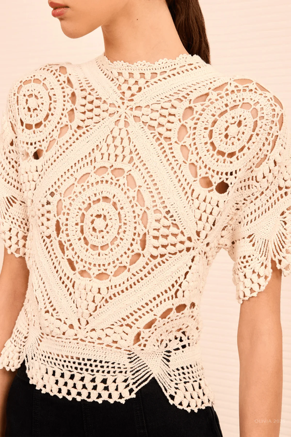 Maddalena Short Sleeve Hand Crochet Top in Cowrie - Image 4