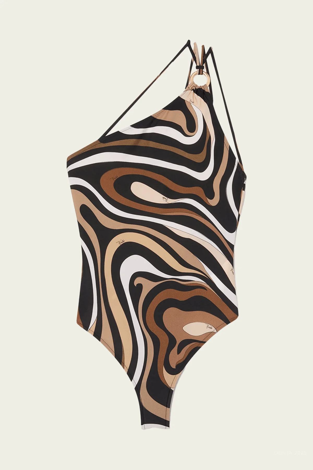 Marmo-Print One-Shoulder Swimsuit in Black Gold