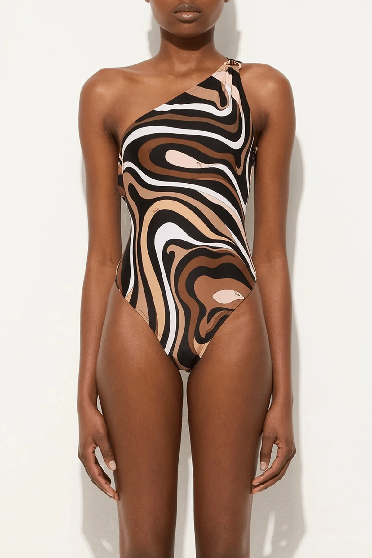 Marmo-Print One-Shoulder Swimsuit in Black Gold - Image 2