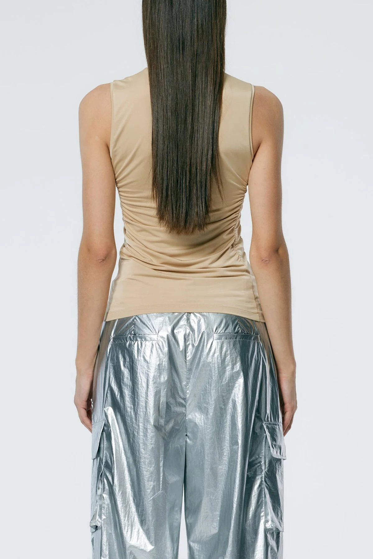 Micro Jersey Shirred Crewneck Top in Nude - Image 2