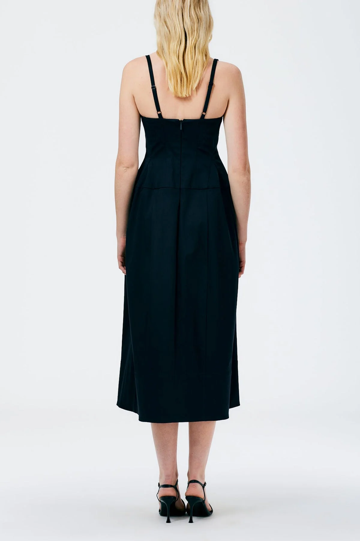 Mila Stretch Satin Corset Lantern Dress in Navy - Image 2