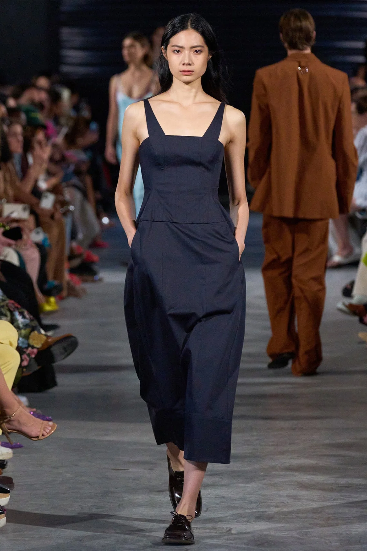 Mila Stretch Satin Corset Lantern Dress in Navy - Image 3