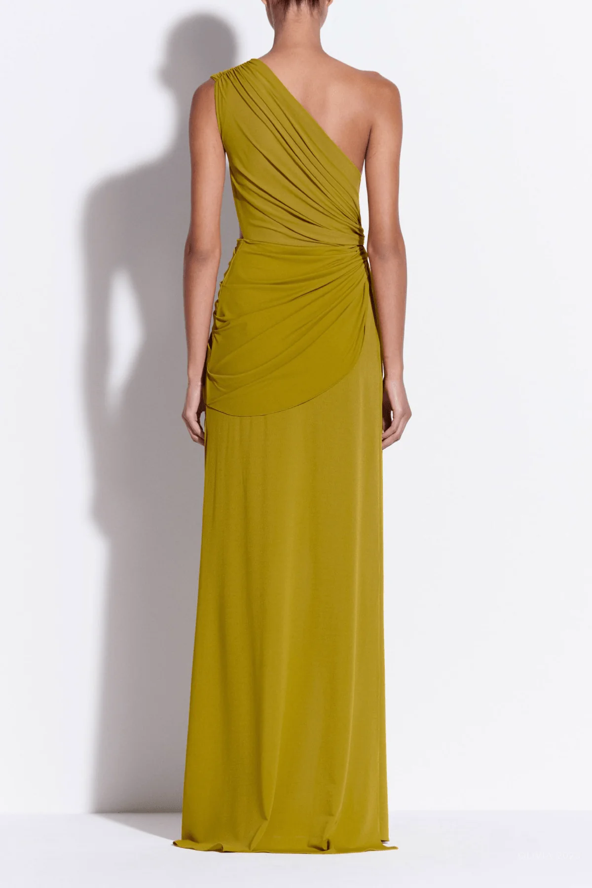 One-Shoulder Draped Gown Crepe Jersey in Chartreuse - Image 3