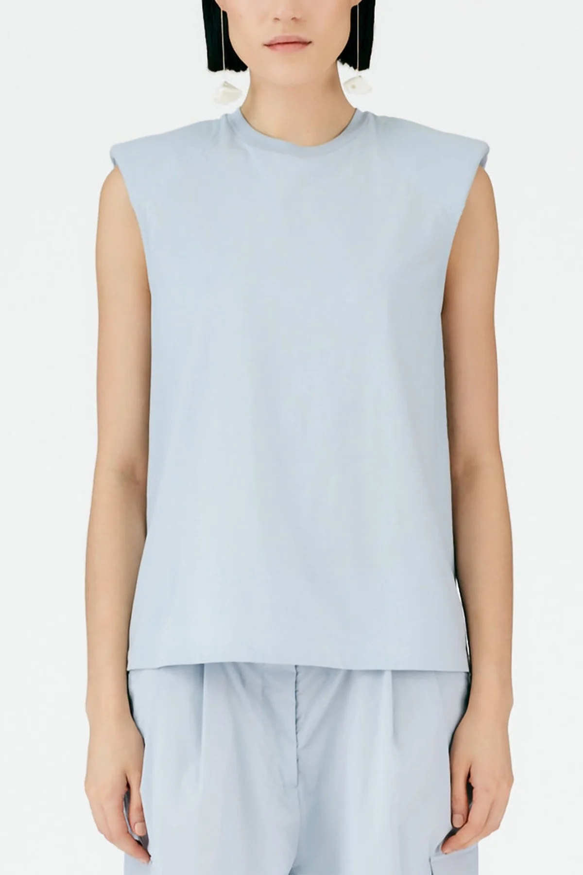 Padded Shoulder Sleeveless Top in Blue Grey - Image 2