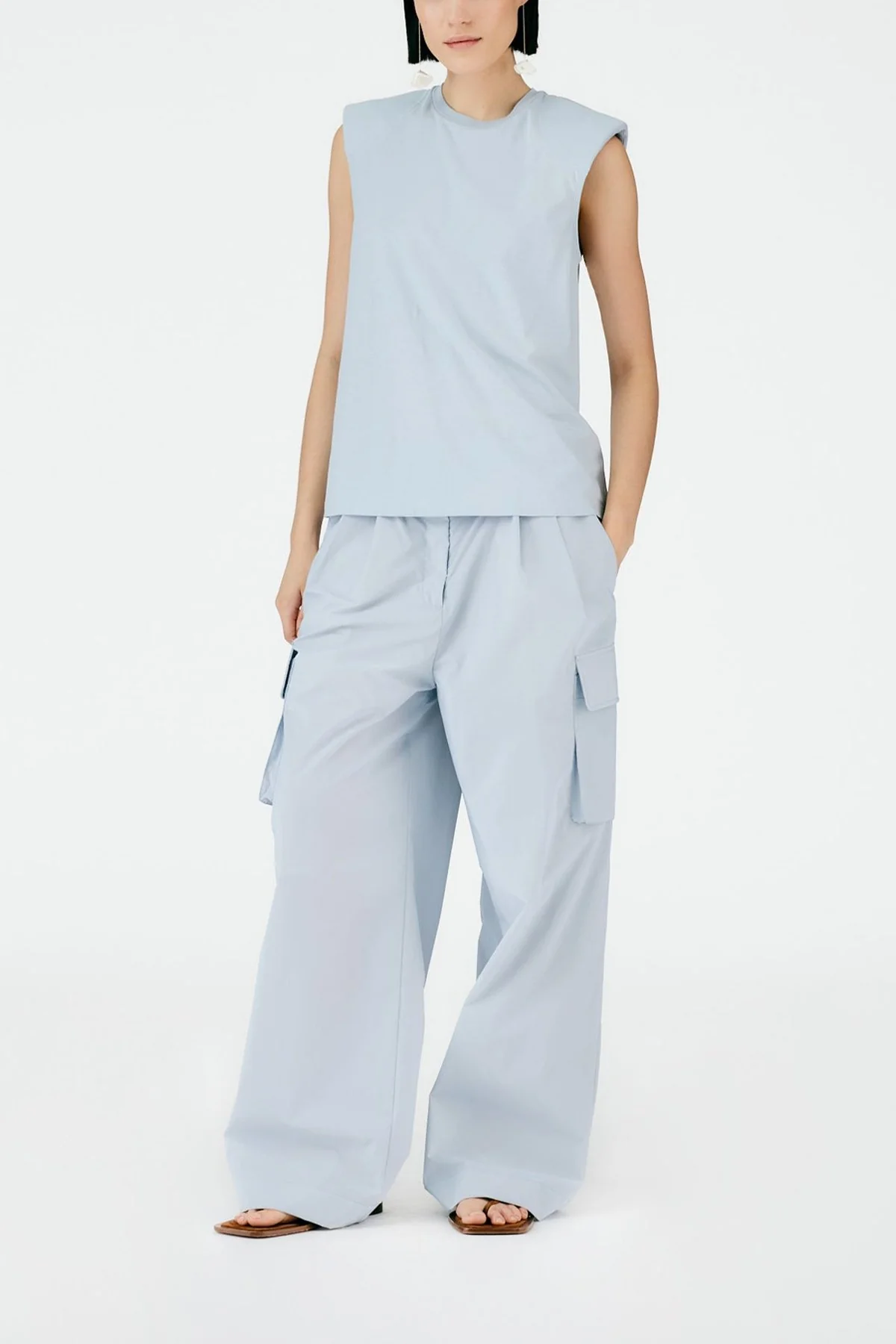 Padded Shoulder Sleeveless Top in Blue Grey - Image 3