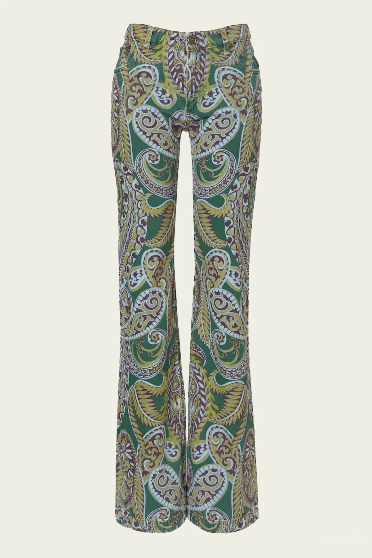 Paisley-Print Flared Jeans in Green Multi