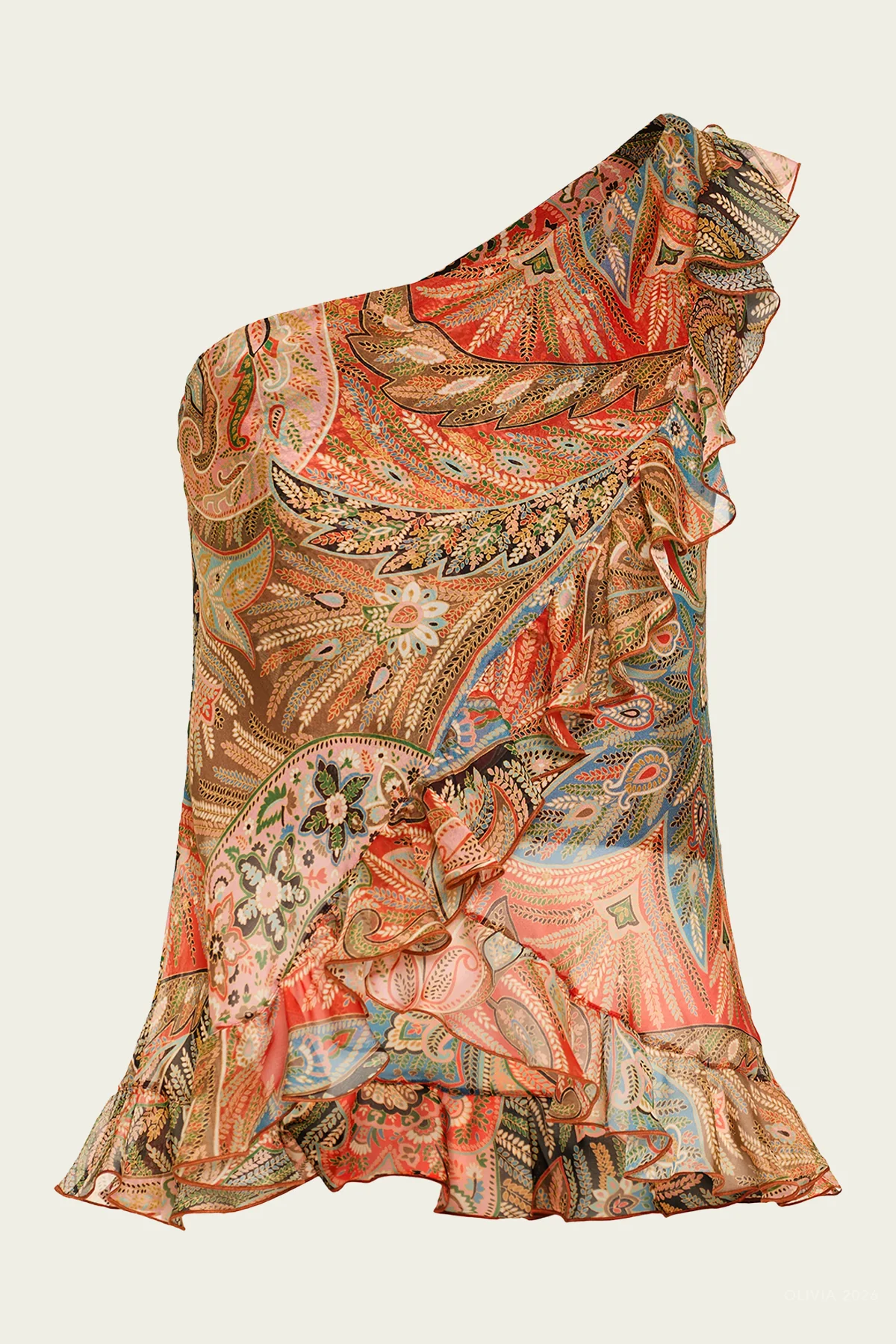 Paisley-Print One-Shoulder Ruffles Top in Multicolor
