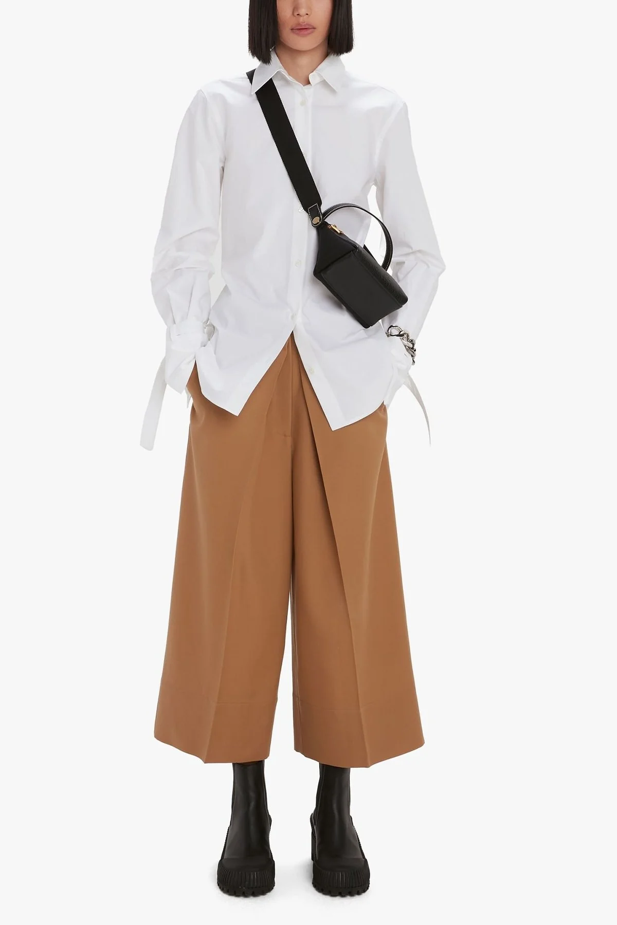 Pleat Front Wide Leg Cropped Trousers in Camel - Image 2