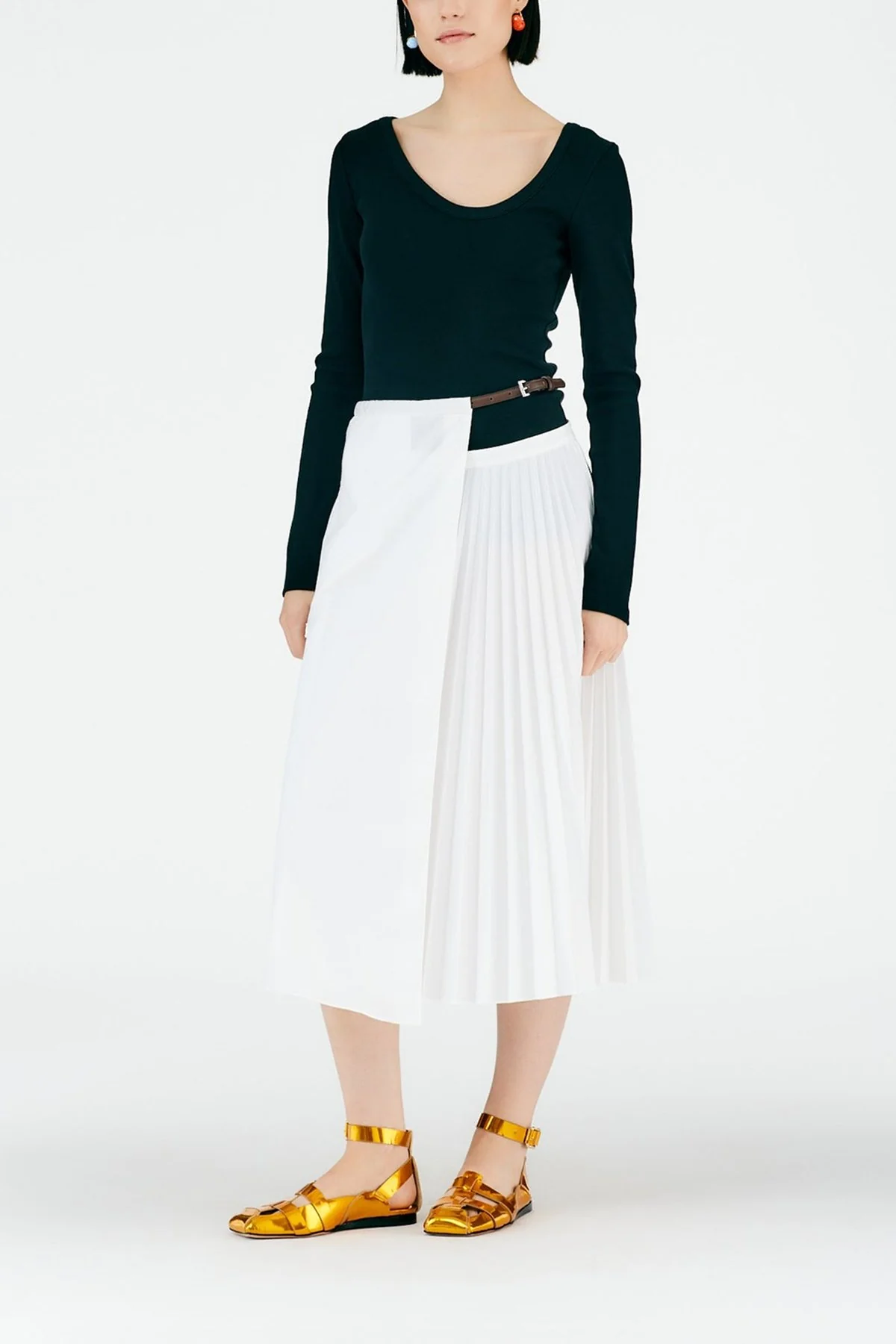 Pleated Cotton Leather Wrap Skirt in White - Image 2