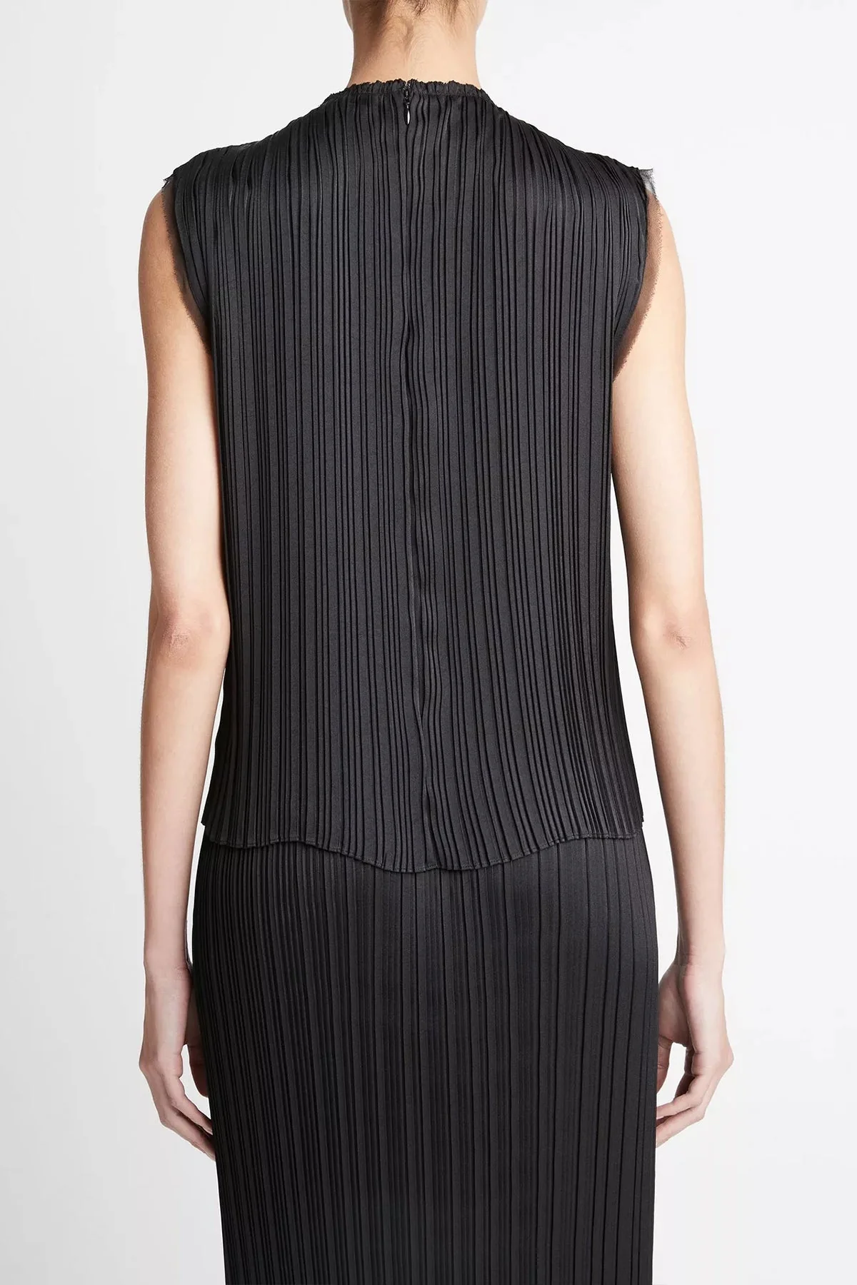 Pleated Satin Crew Neck Shell in Black - Image 3