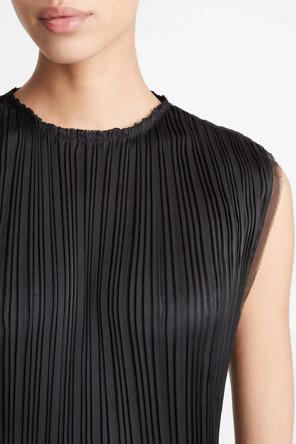 Pleated Satin Crew Neck Shell in Black - Image 4