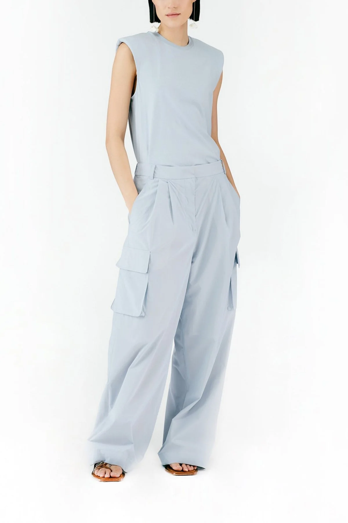 Powder Nylon Pleated Cargo Stella Pant in Blue Grey - Image 2